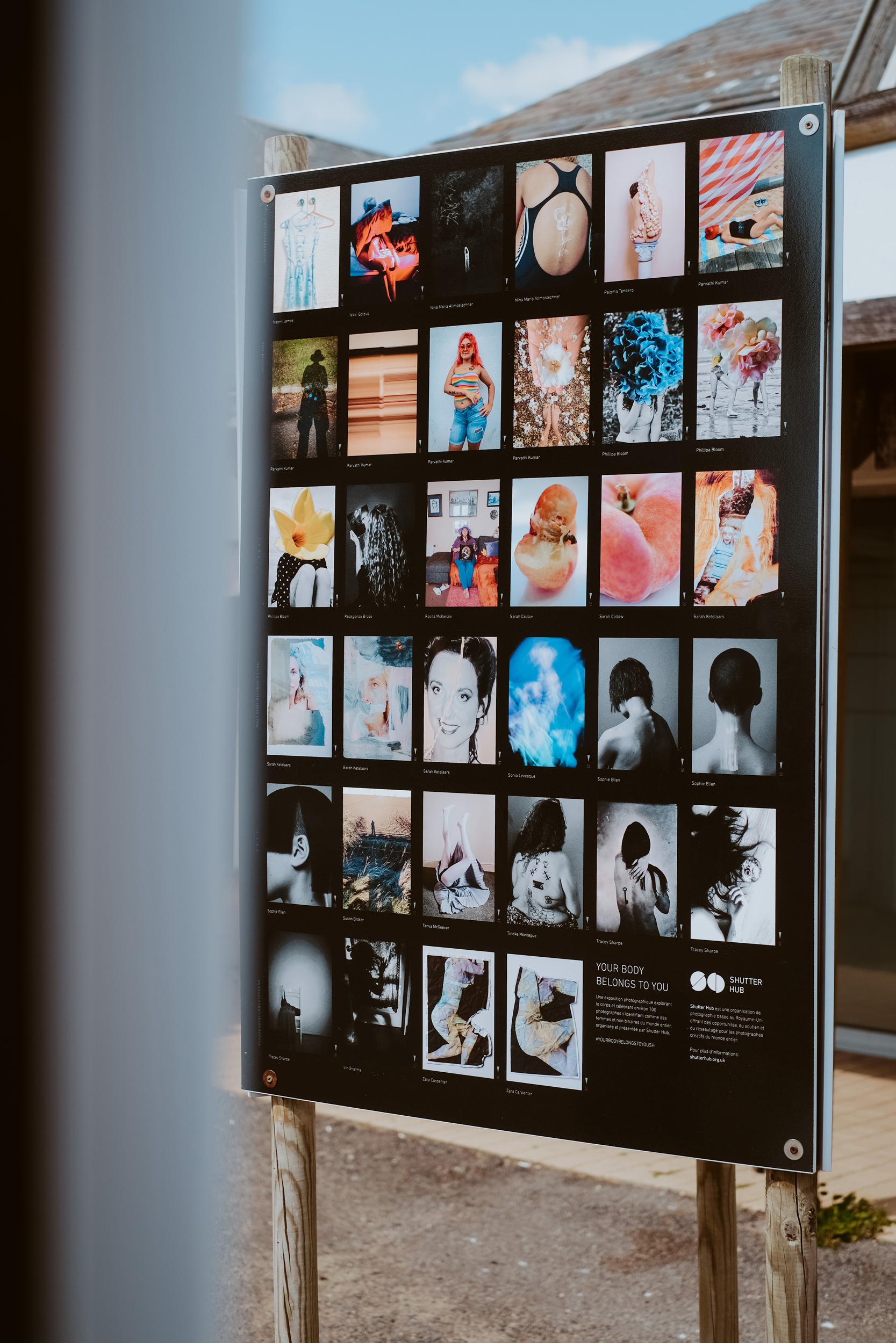 photograph of an exhibition panel board displaying photographs in an outside space