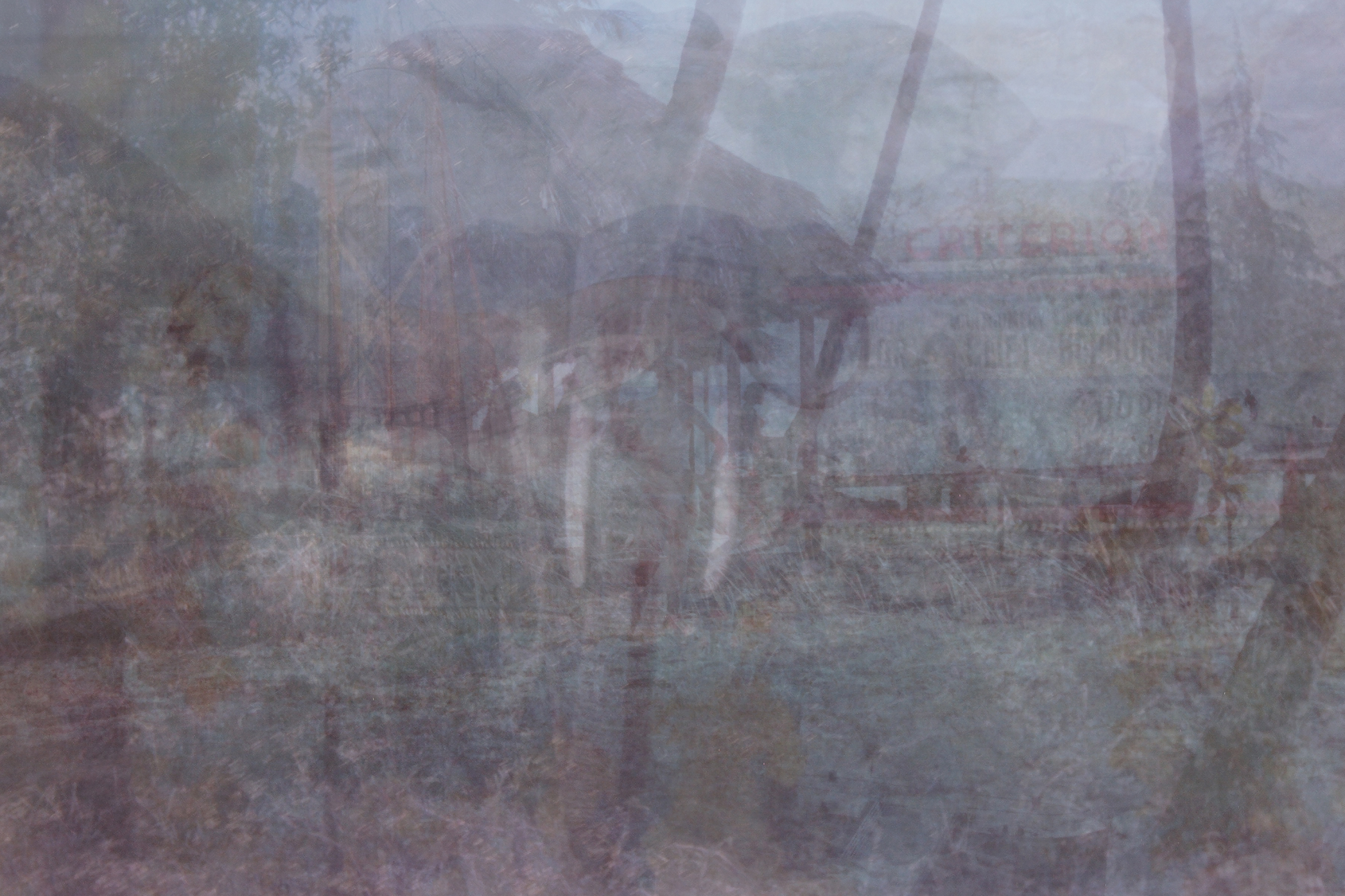 Layered images of adventures. You can see a lion, elephant, boat, beach, the alps and much much more.